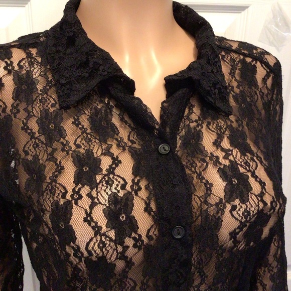 Teenbell Juniors Black Lace Semi Sheer Roll Tab Sleeve Button Up Top Size Large - Picture 2 of 5